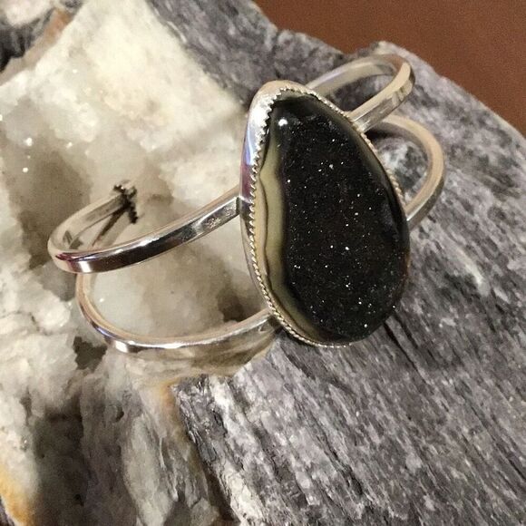 Bracelet, Sterling Silver and Druzy Bracelet Cuff, NEW, Black and Silver, Handma - Picture 1 of 8